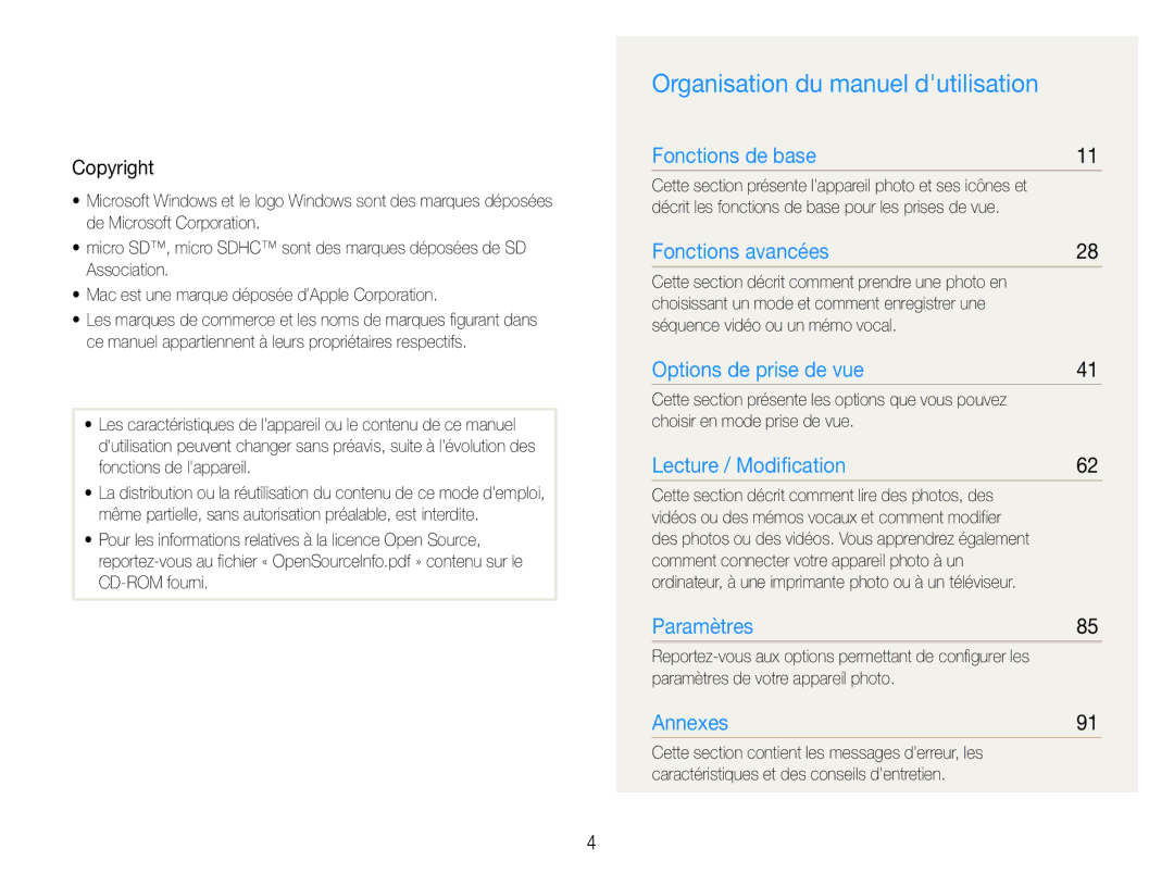 Samsung EC-ST93ZZBPBE1, EC-ST93ZZBPRE1 manual Organisation du manuel dutilisation, Copyright 