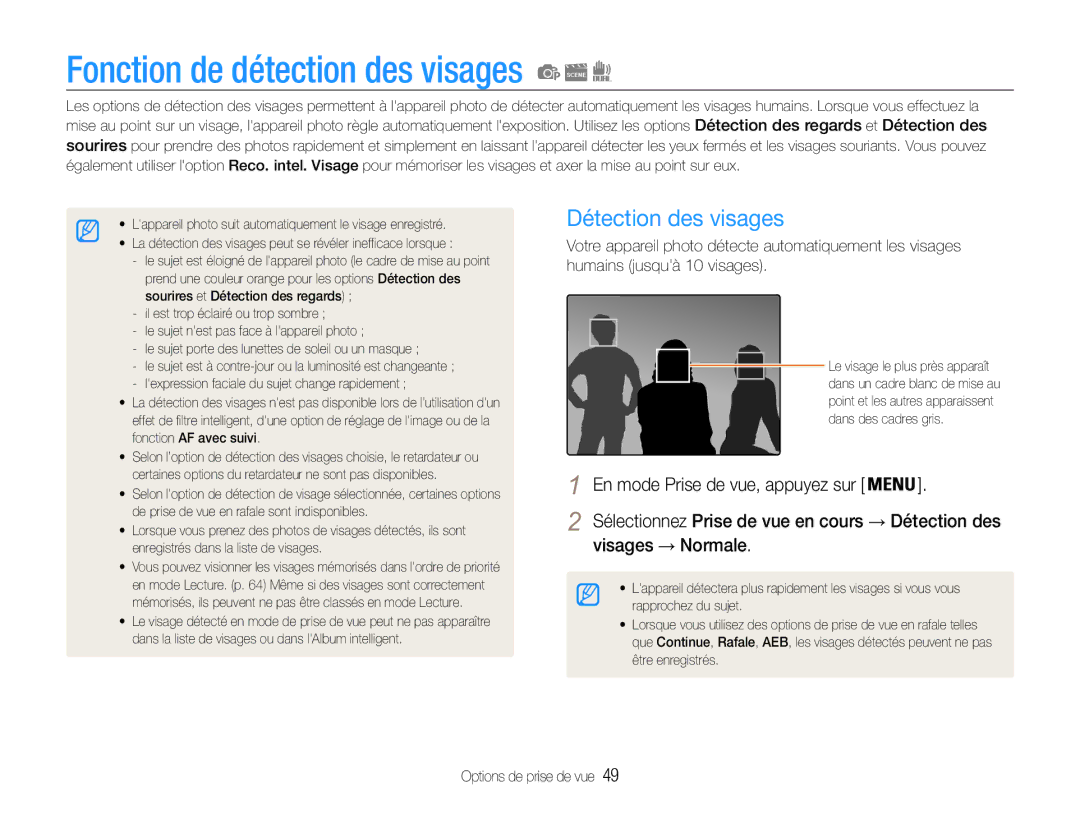 Samsung EC-ST93ZZBPRE1, EC-ST93ZZBPBE1 manual Fonction de détection des visages, Détection des visages, Visages → Normale 