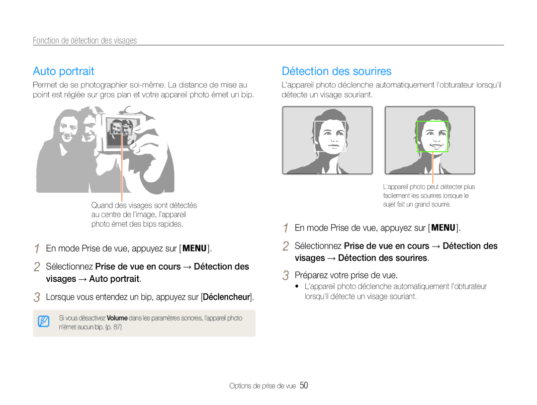 Samsung EC-ST93ZZBPBE1 manual Détection des sourires, Fonction de détection des visages, Visages → Auto portrait 