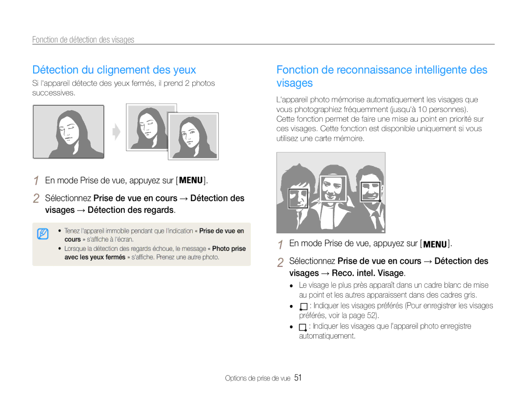 Samsung EC-ST93ZZBPRE1, EC-ST93ZZBPBE1 manual Détection du clignement des yeux, Visages → Détection des regards 