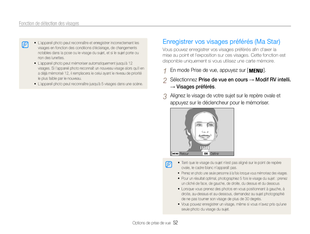 Samsung EC-ST93ZZBPBE1, EC-ST93ZZBPRE1 manual Enregistrer vos visages préférés Ma Star, → Visages préférés 