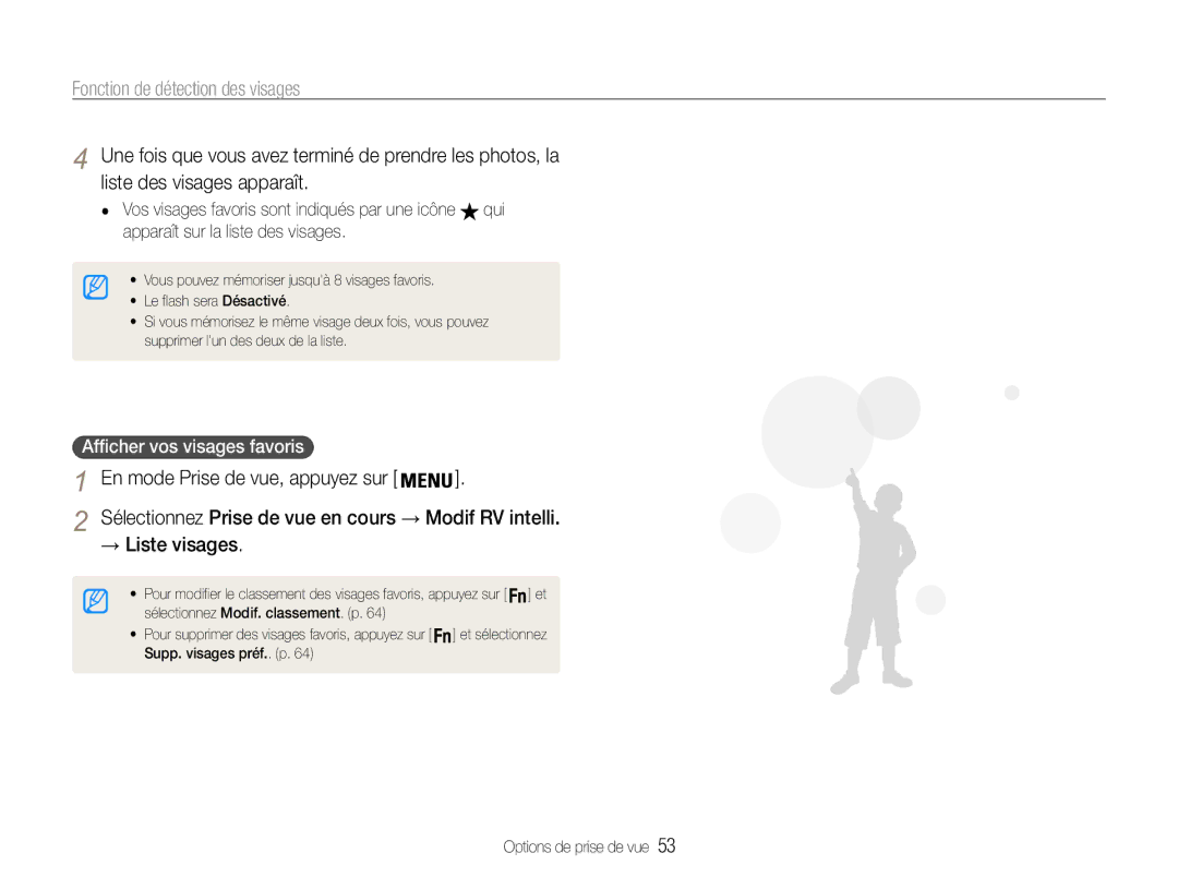 Samsung EC-ST93ZZBPRE1, EC-ST93ZZBPBE1 manual → Liste visages, Apparaît sur la liste des visages 