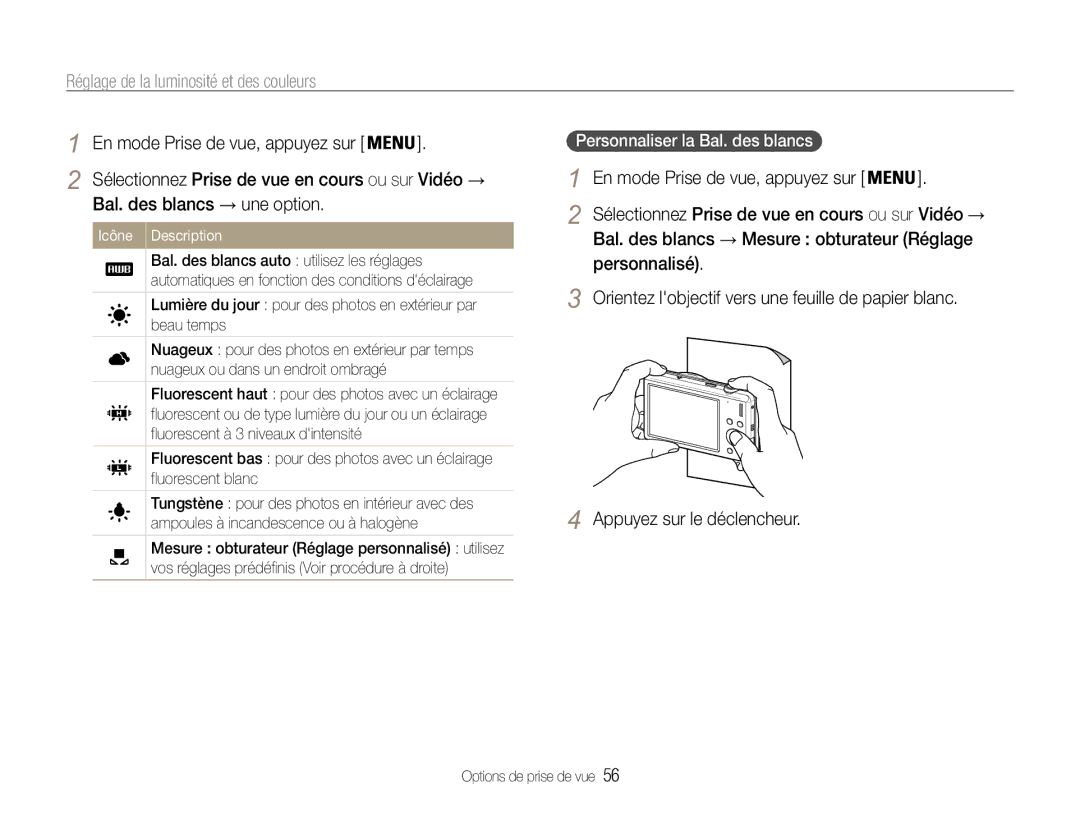 Samsung EC-ST93ZZBPBE1, EC-ST93ZZBPRE1 manual Bal. des blancs → une option, Bal. des blancs → Mesure obturateur Réglage 