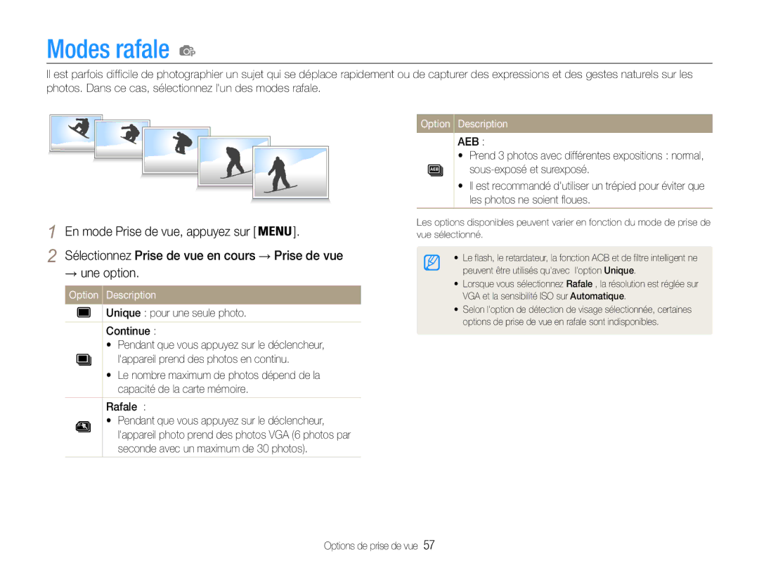 Samsung EC-ST93ZZBPRE1, EC-ST93ZZBPBE1 manual Modes rafale, Aeb 