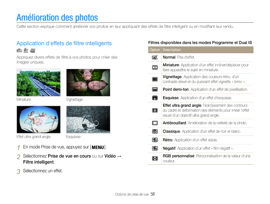 Samsung EC-ST93ZZBPBE1 manual Amélioration des photos, Application deffets de filtre intelligents, Filtre intelligent 