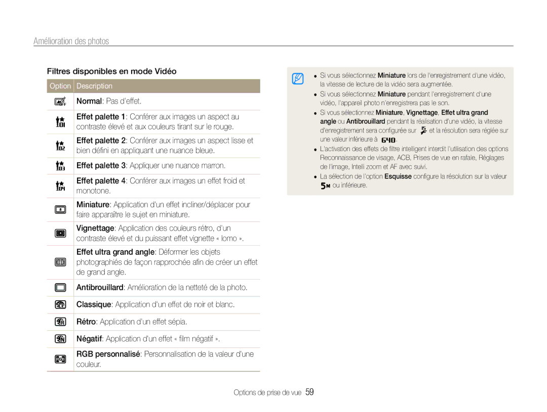Samsung EC-ST93ZZBPRE1, EC-ST93ZZBPBE1 manual Amélioration des photos, Filtres disponibles en mode Vidéo 
