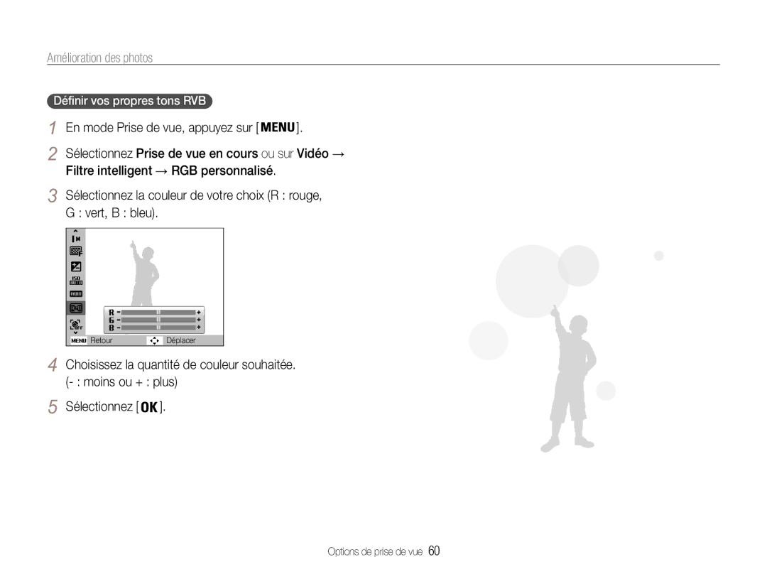 Samsung EC-ST93ZZBPBE1, EC-ST93ZZBPRE1 manual Définir vos propres tons RVB 