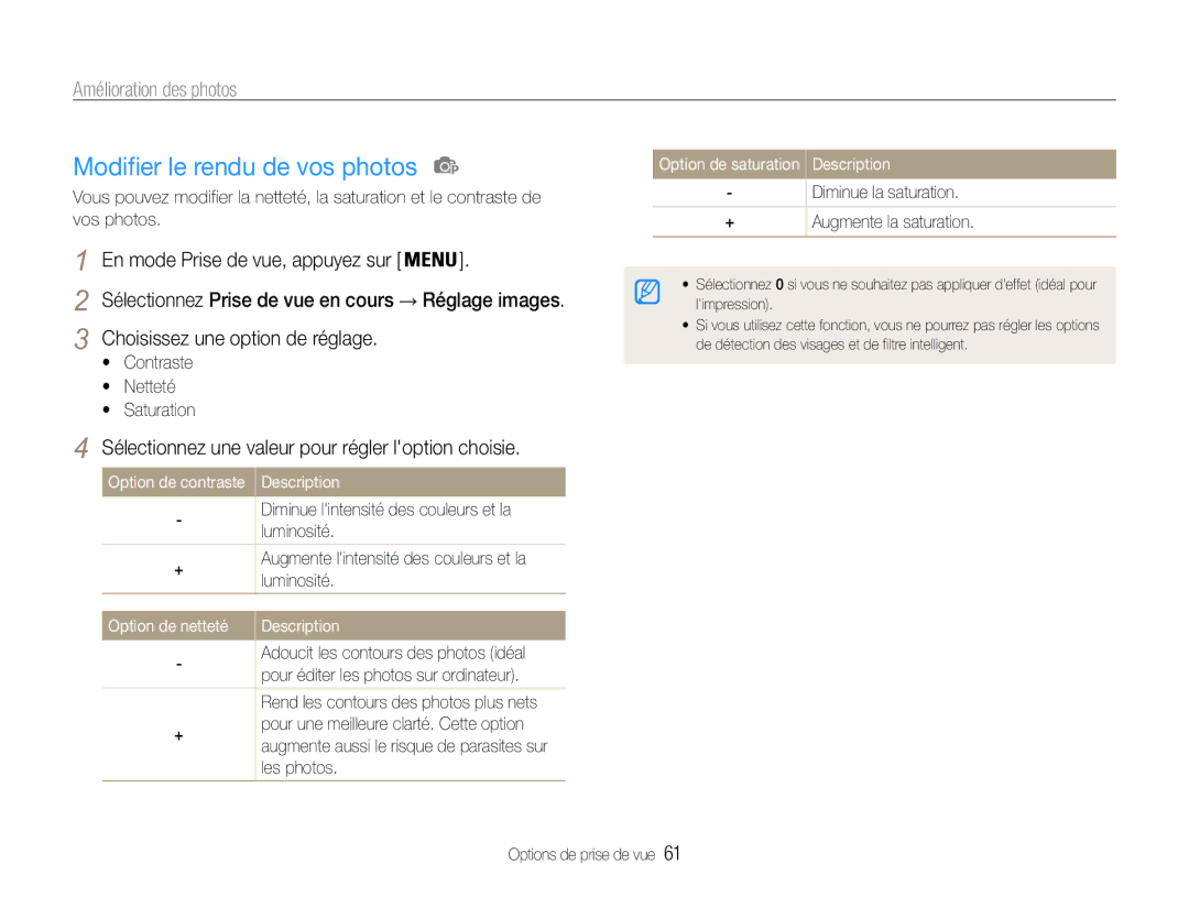 Samsung EC-ST93ZZBPRE1 manual Modifier le rendu de vos photos, Sélectionnez une valeur pour régler loption choisie 