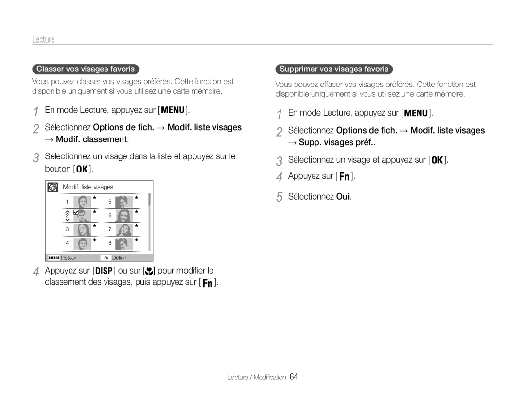 Samsung EC-ST93ZZBPBE1, EC-ST93ZZBPRE1 manual Lecture, → Supp. visages préf, Sélectionnez Oui, Classer vos visages favoris 