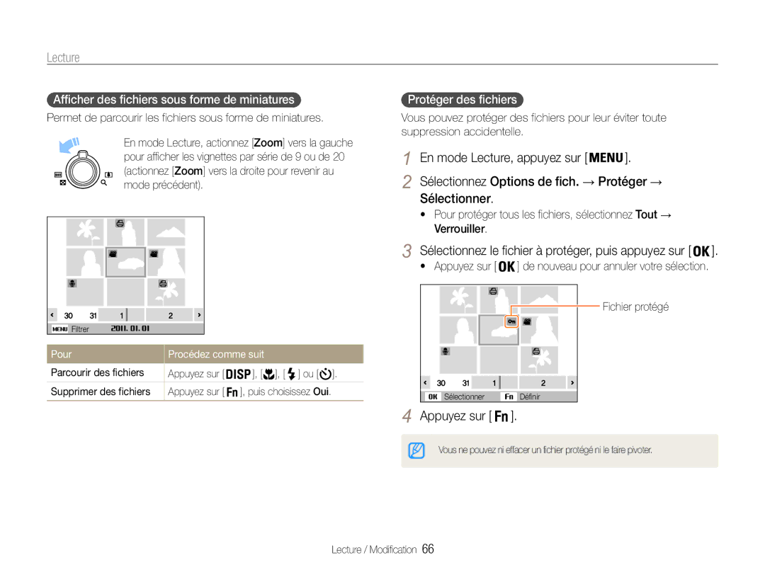 Samsung EC-ST93ZZBPBE1, EC-ST93ZZBPRE1 Sélectionner, Afficher des fichiers sous forme de miniatures, Protéger des fichiers 