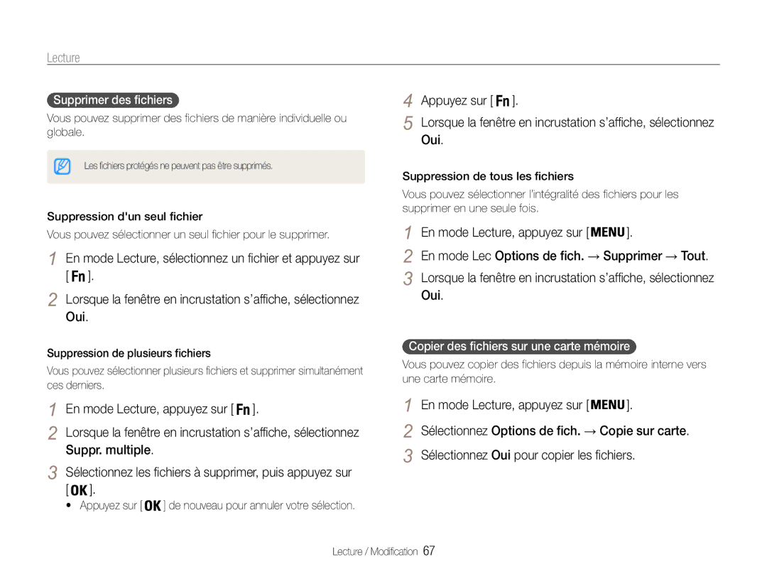 Samsung EC-ST93ZZBPRE1, EC-ST93ZZBPBE1 manual Oui, En mode Lecture, appuyez sur, Suppr. multiple, Supprimer des fichiers 