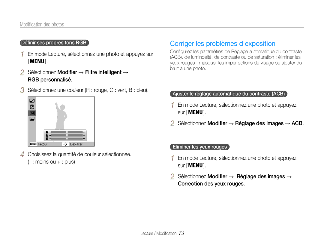 Samsung EC-ST93ZZBPRE1 Corriger les problèmes dexposition, Sélectionnez Modifier → Filtre intelligent →, RGB personnalisé 