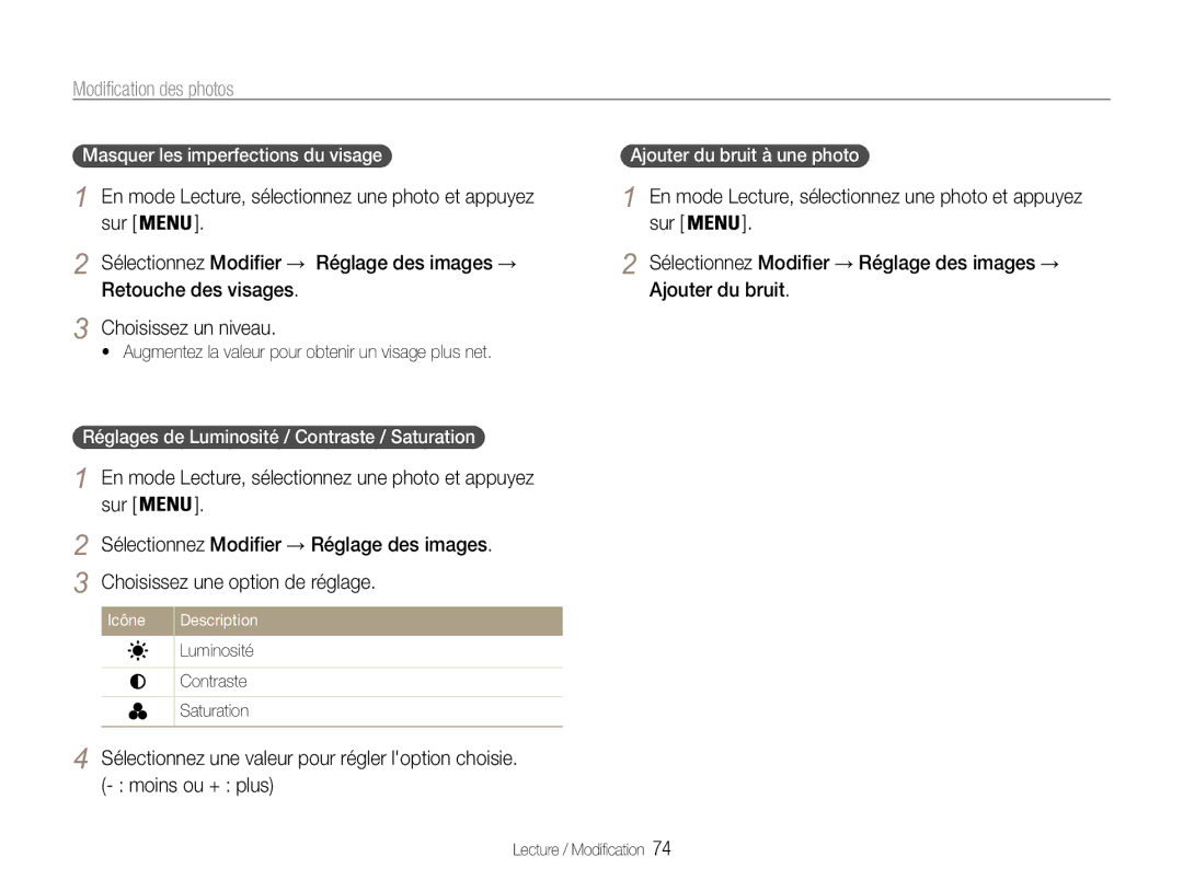 Samsung EC-ST93ZZBPBE1 manual Masquer les imperfections du visage, Augmentez la valeur pour obtenir un visage plus net 