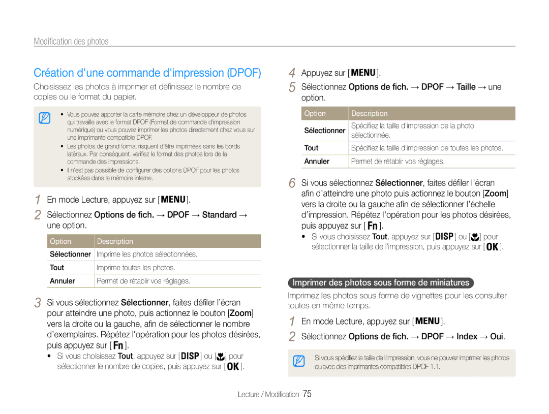 Samsung EC-ST93ZZBPRE1 manual Création dune commande dimpression Dpof, Option, Imprimer des photos sous forme de miniatures 