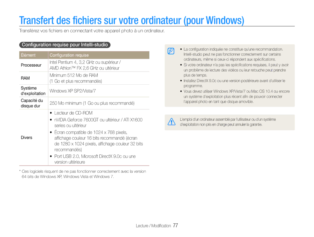 Samsung EC-ST93ZZBPRE1 Transfert des fichiers sur votre ordinateur pour Windows, Configuration requise pour Intelli-studio 