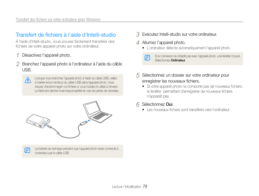 Samsung EC-ST93ZZBPRE1 Transfert de fichiers à laide dIntelli-studio, Lordinateur détecte automatiquement lappareil photo 