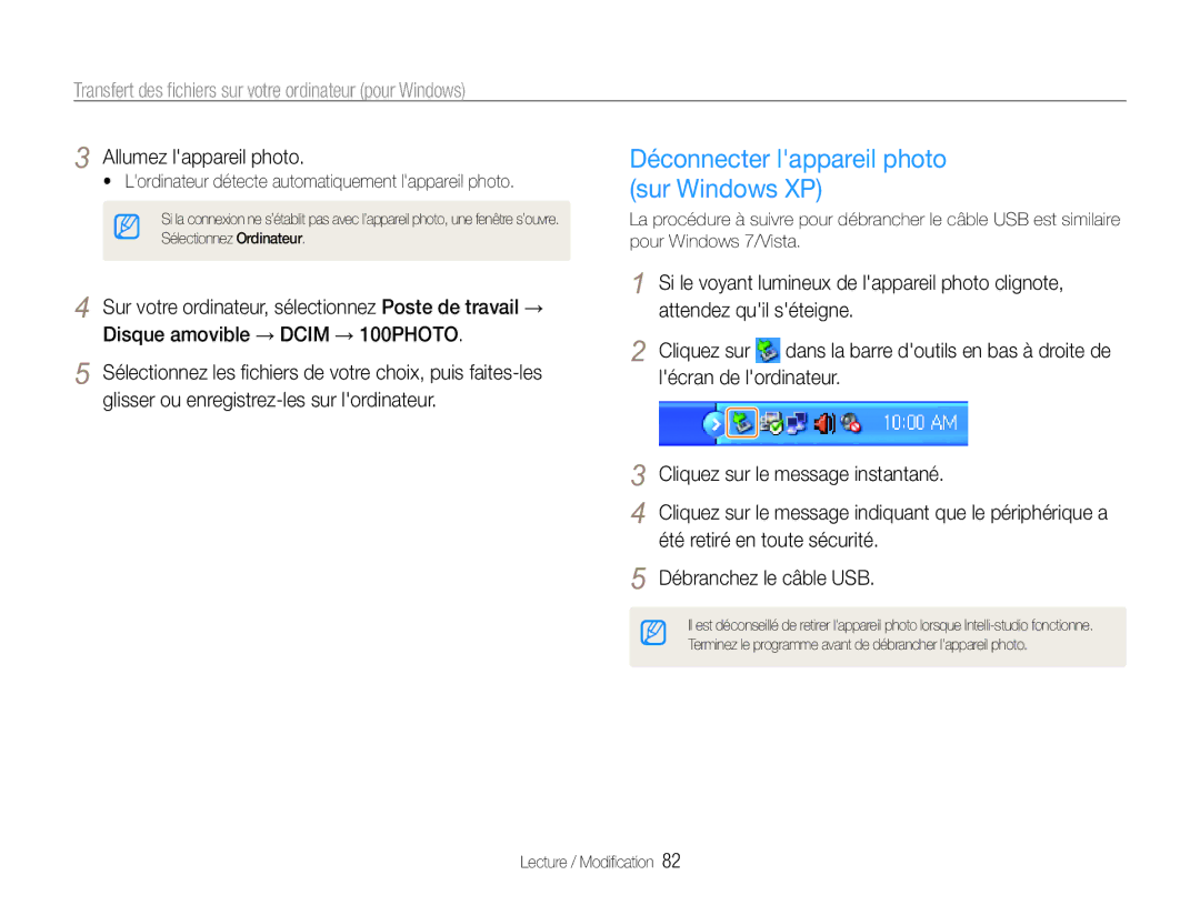Samsung EC-ST93ZZBPBE1, EC-ST93ZZBPRE1 manual Déconnecter lappareil photo sur Windows XP 