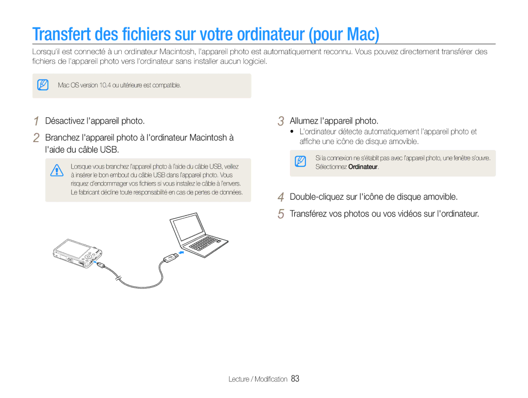 Samsung EC-ST93ZZBPRE1, EC-ST93ZZBPBE1 manual Transfert des fichiers sur votre ordinateur pour Mac 