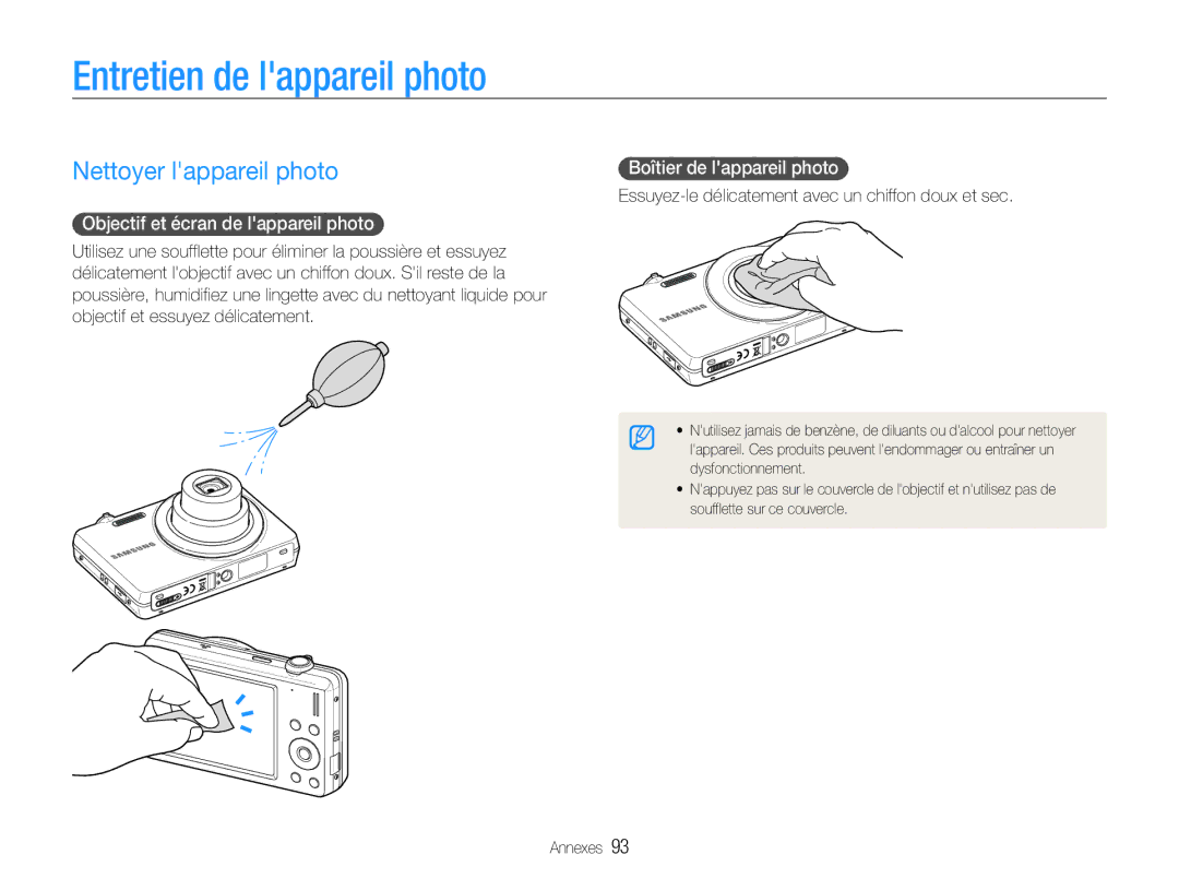 Samsung EC-ST93ZZBPRE1 manual Entretien de lappareil photo, Nettoyer lappareil photo, Objectif et écran de lappareil photo 