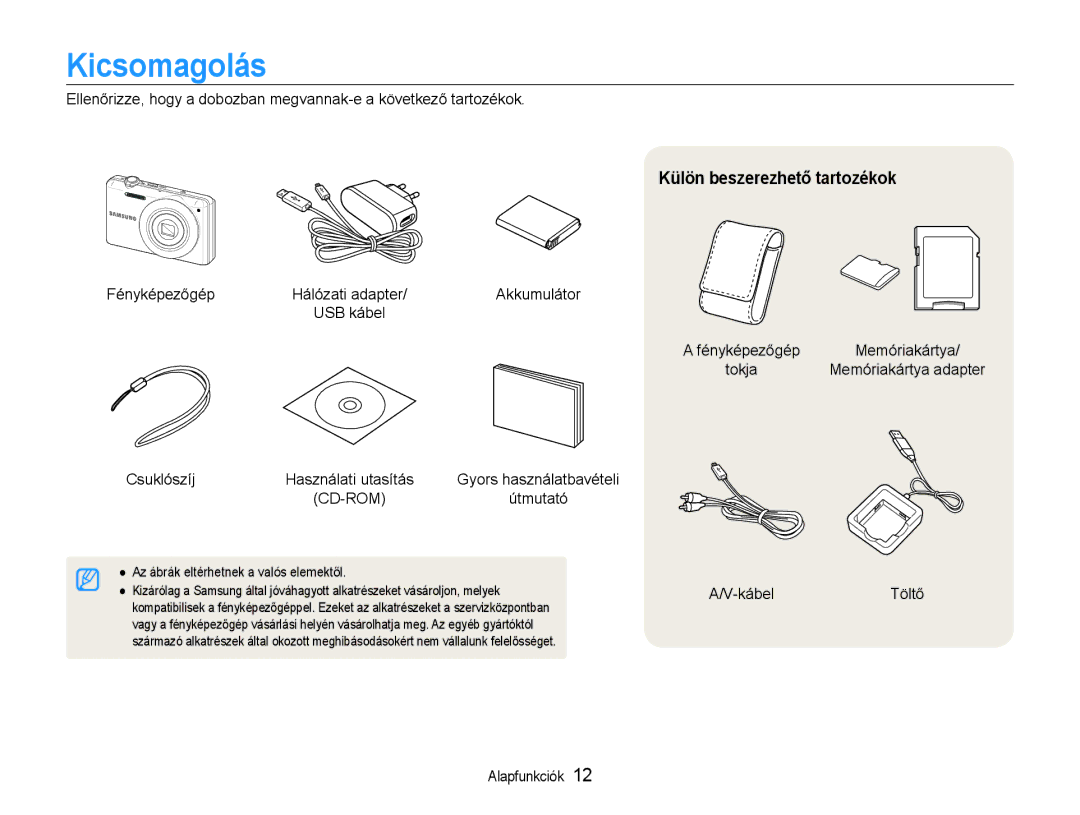 Samsung EC-ST94ZZBPRE2, EC-ST93ZZBPRE3, EC-ST93ZZBPSE3, EC-ST93ZZBPBE3 manual Kicsomagolás, Külön beszerezhető tartozékok 