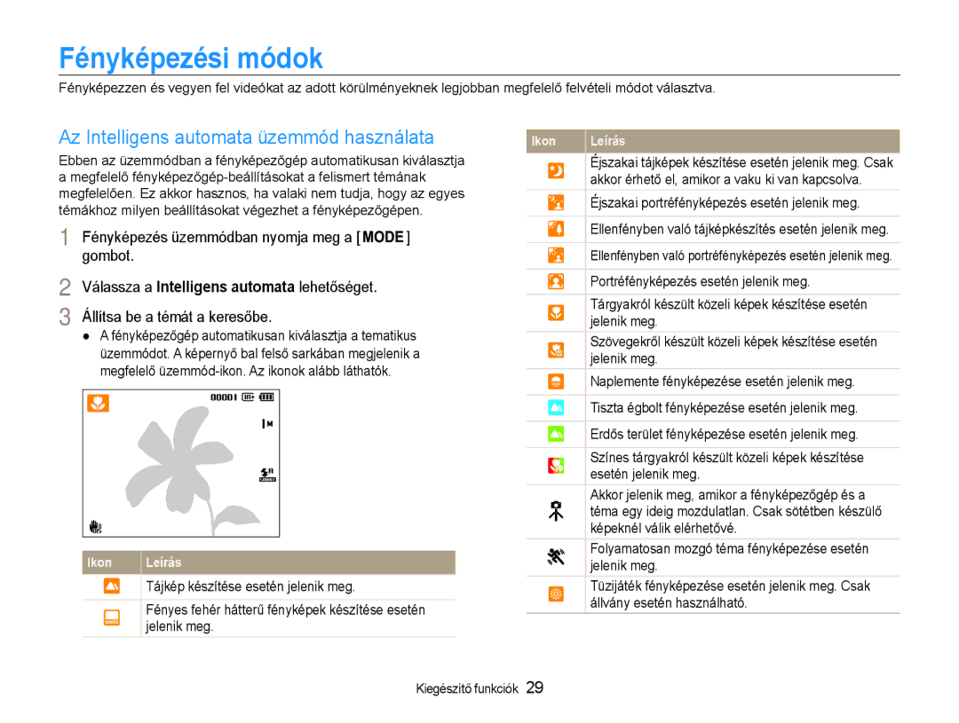 Samsung EC-ST93ZZBPBE3 Fényképezési módok, Az Intelligens automata üzemmód használata, Tájkép készítése esetén jelenik meg 