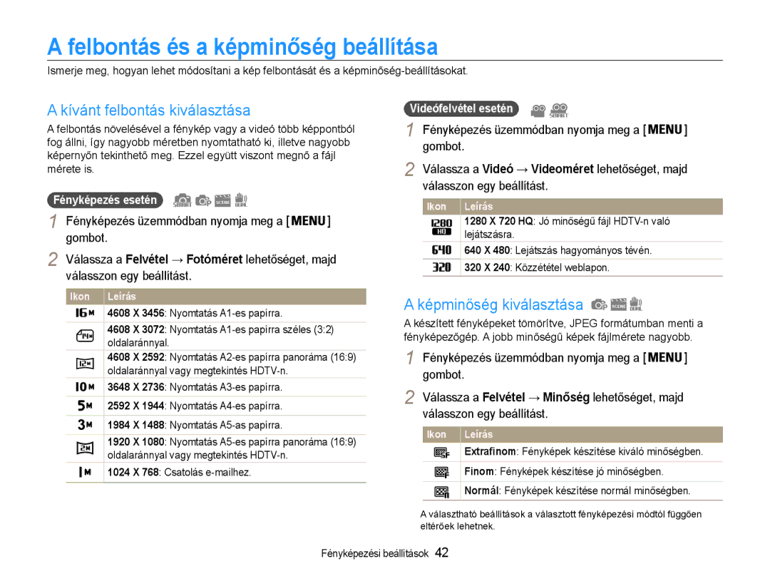 Samsung EC-ST93ZZBPSE3 manual Felbontás és a képminőség beállítása, Kívánt felbontás kiválasztása, Képminőség kiválasztása 