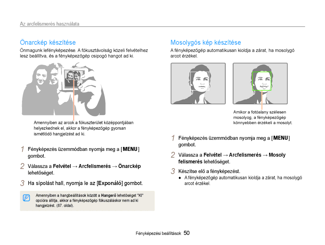 Samsung EC-ST93ZZBPBE3, EC-ST93ZZBPRE3 manual Önarckép készítése, Mosolygós kép készítése, Az arcfelismerés használata 