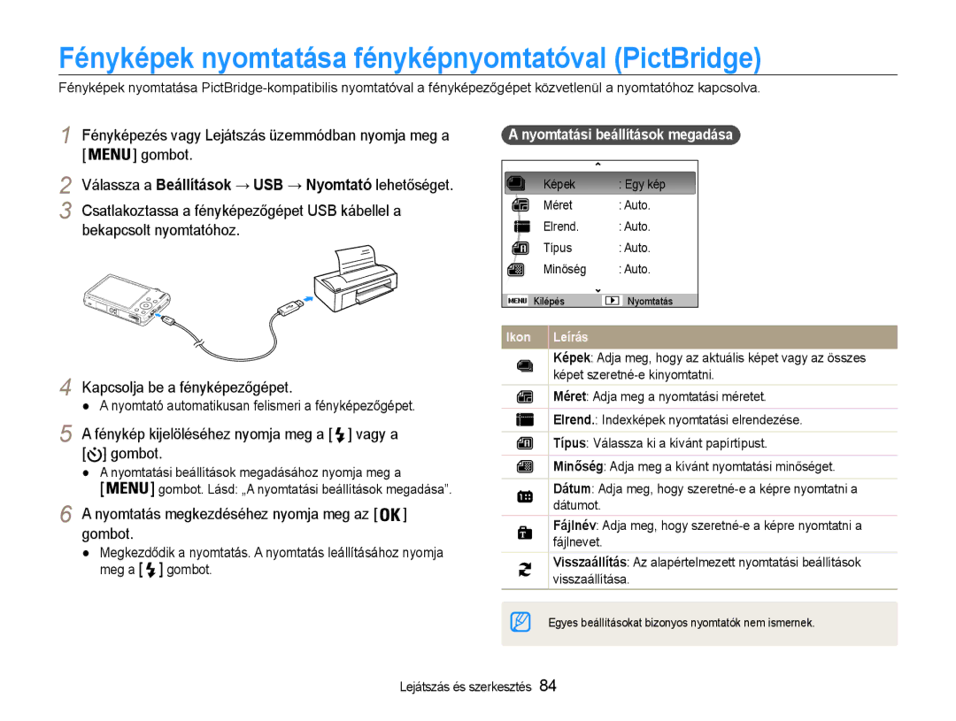 Samsung EC-ST93ZZBPSE3 Fényképek nyomtatása fényképnyomtatóval PictBridge, Nyomtatás megkezdéséhez nyomja meg az gombot 