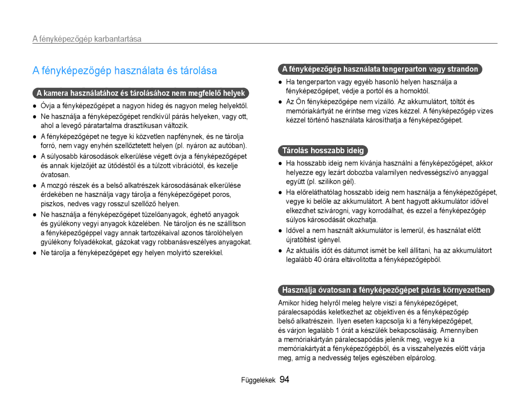 Samsung EC-ST93ZZBPBE2, EC-ST93ZZBPRE3, EC-ST93ZZBPSE3 Fényképezőgép használata és tárolása, Fényképezőgép karbantartása 