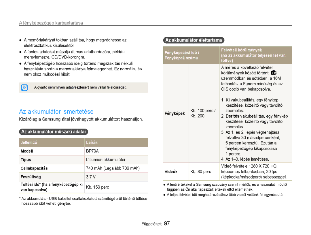 Samsung EC-ST93ZZBPRE3 manual Az akkumulátor ismertetése, Az akkumulátor műszaki adatai, Lítiumion akkumulátor, Kb perc 