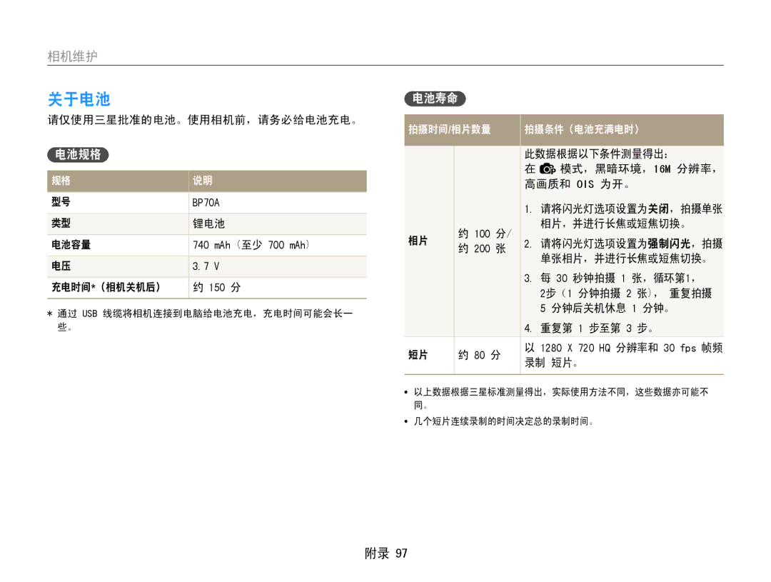 Samsung EC-ST93ZZBPRE3, EC-ST93ZZBPSE3, EC-ST93ZZBPBE3, EC-ST94ZZBPBE2, EC-ST93ZZBPBE2, EC-ST93ZZBPRE2 manual 关于电池, 电池规格, 电池寿命 