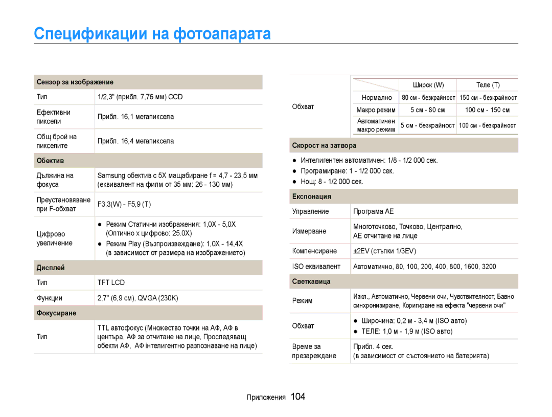 Samsung EC-ST93ZZBPRE3, EC-ST93ZZBPSE3, EC-ST93ZZBPBE3 manual Спецификации на фотоапарата 