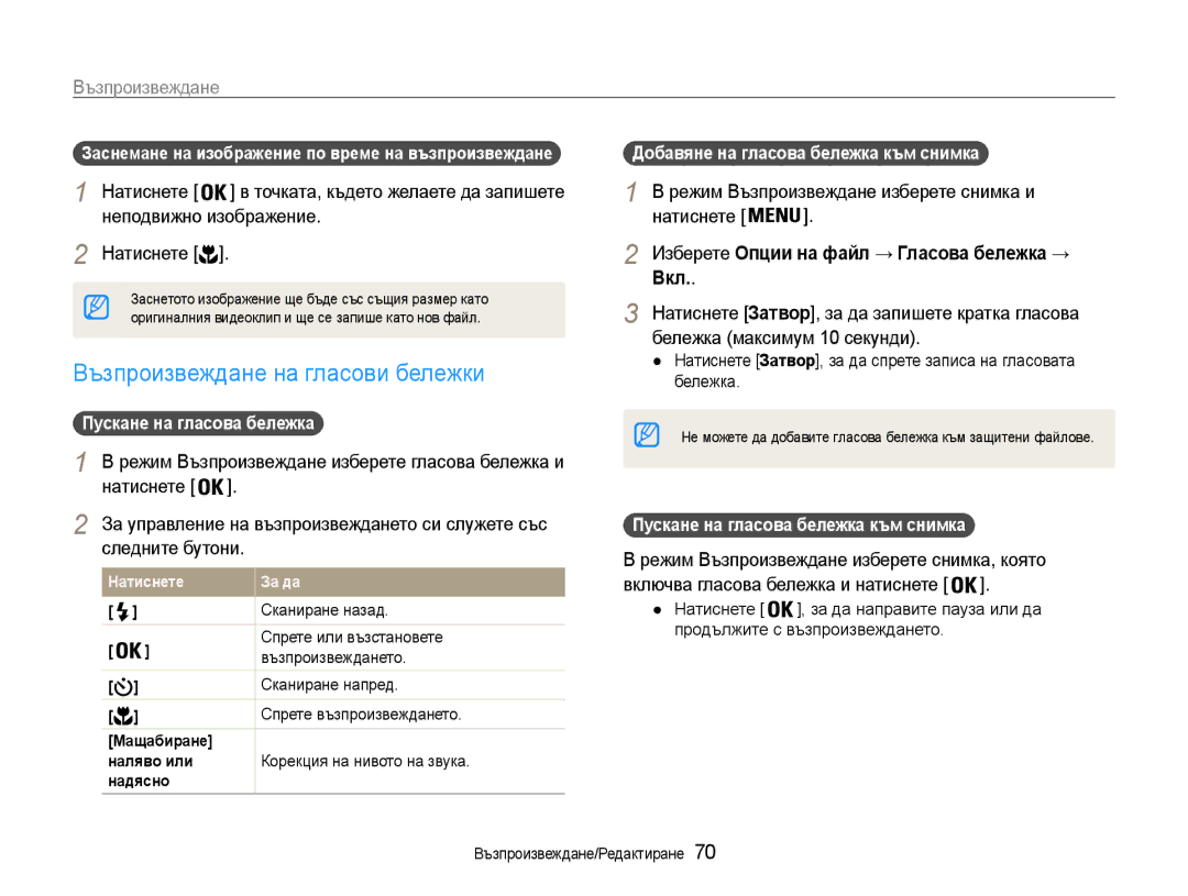 Samsung EC-ST93ZZBPBE3, EC-ST93ZZBPRE3 Възпроизвеждане на гласови бележки, Изберете Опции на файл → Гласова бележка →, Вкл 