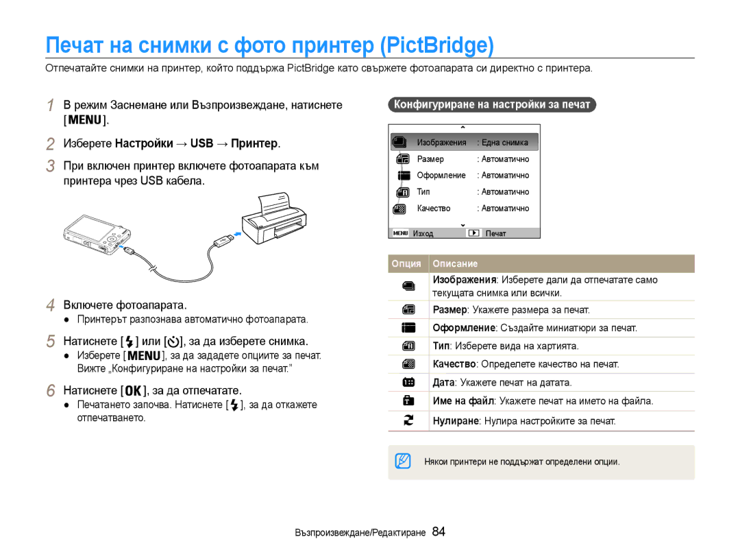 Samsung EC-ST93ZZBPSE3 manual Печат на снимки с фото принтер PictBridge, Режим Заснемане или Възпроизвеждане, натиснете 