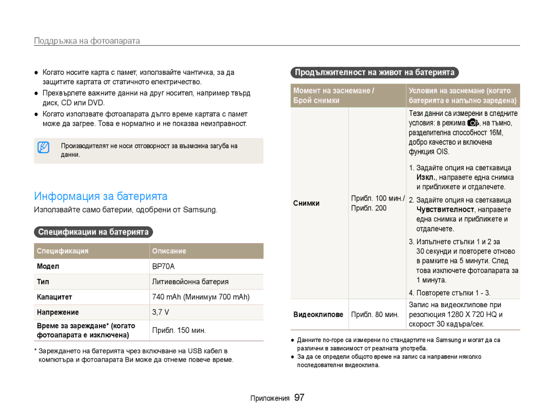Samsung EC-ST93ZZBPBE3, EC-ST93ZZBPRE3, EC-ST93ZZBPSE3 manual Информация за батерията, Спецификации на батерията, Брой снимки 