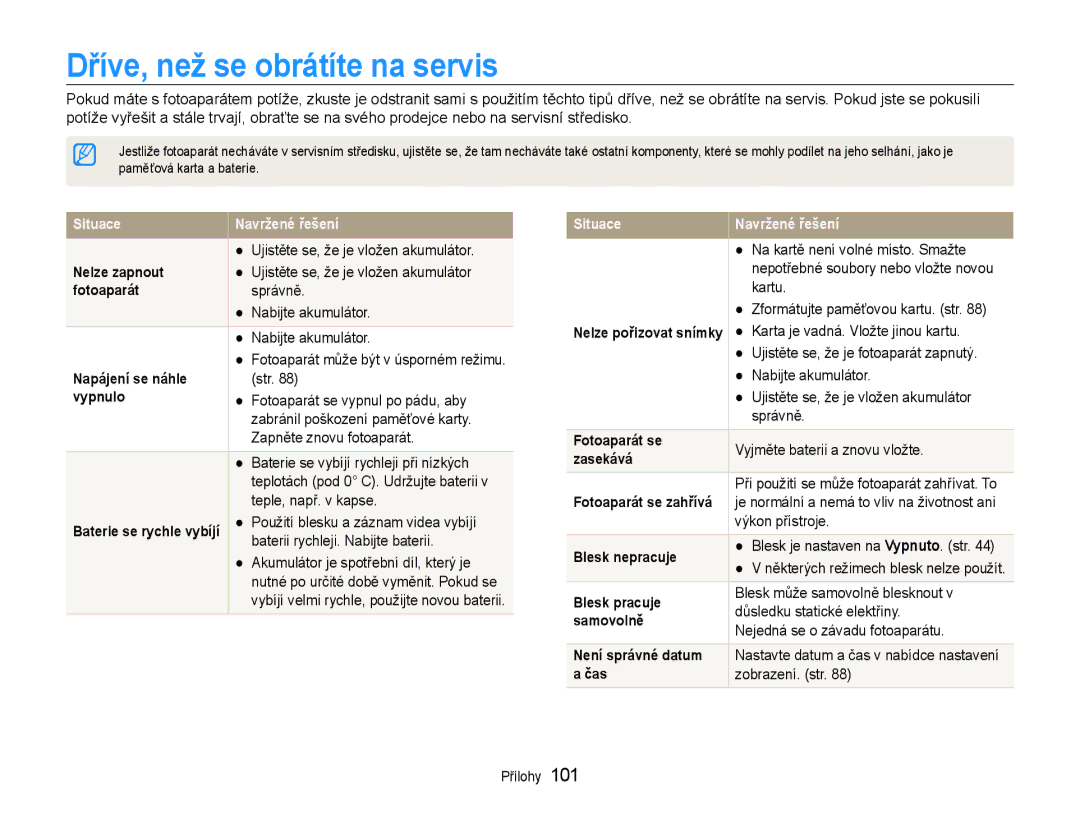 Samsung EC-ST93ZZBPRE3, EC-ST93ZZBPSE3, EC-ST93ZZBPBE3 manual Dříve, než se obrátíte na servis 