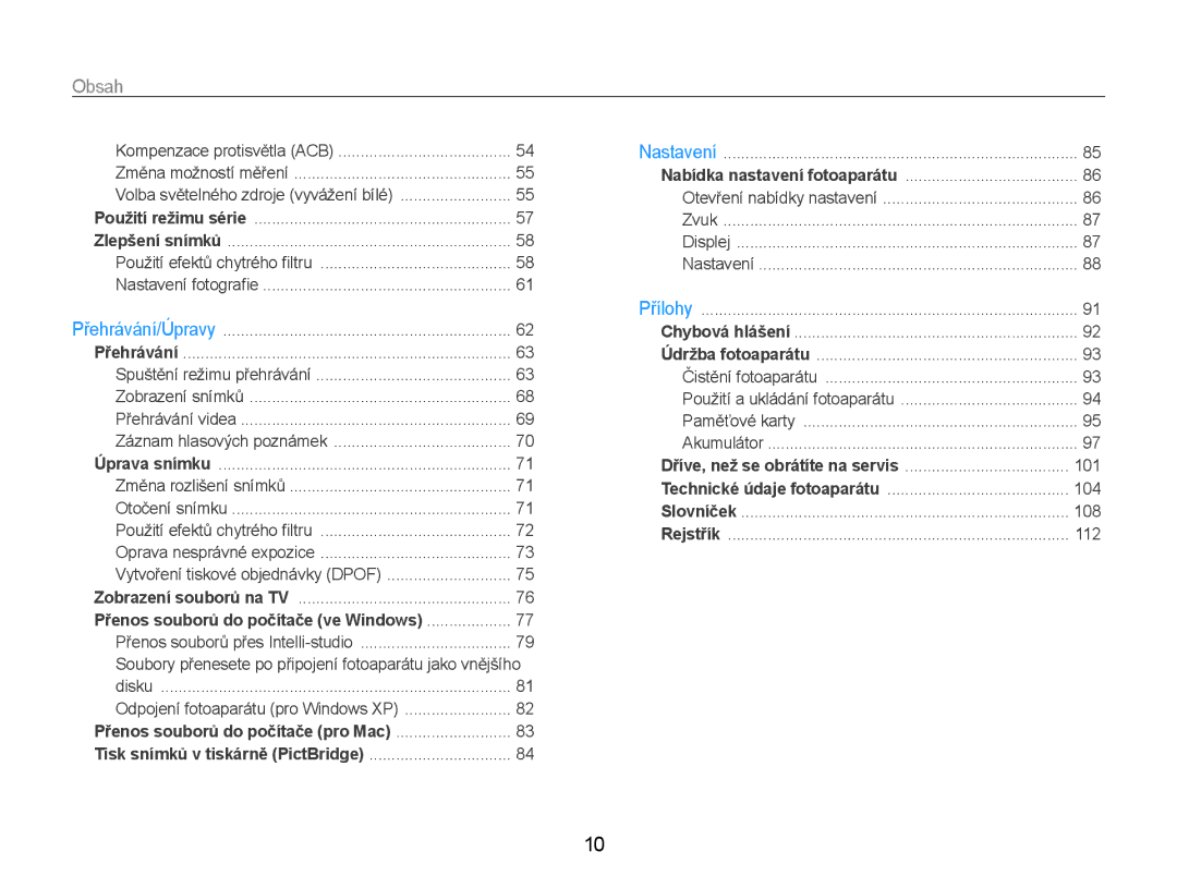 Samsung EC-ST93ZZBPBE3, EC-ST93ZZBPRE3, EC-ST93ZZBPSE3 manual Obsah﻿, Přenos souborů do počítače ve Windows 