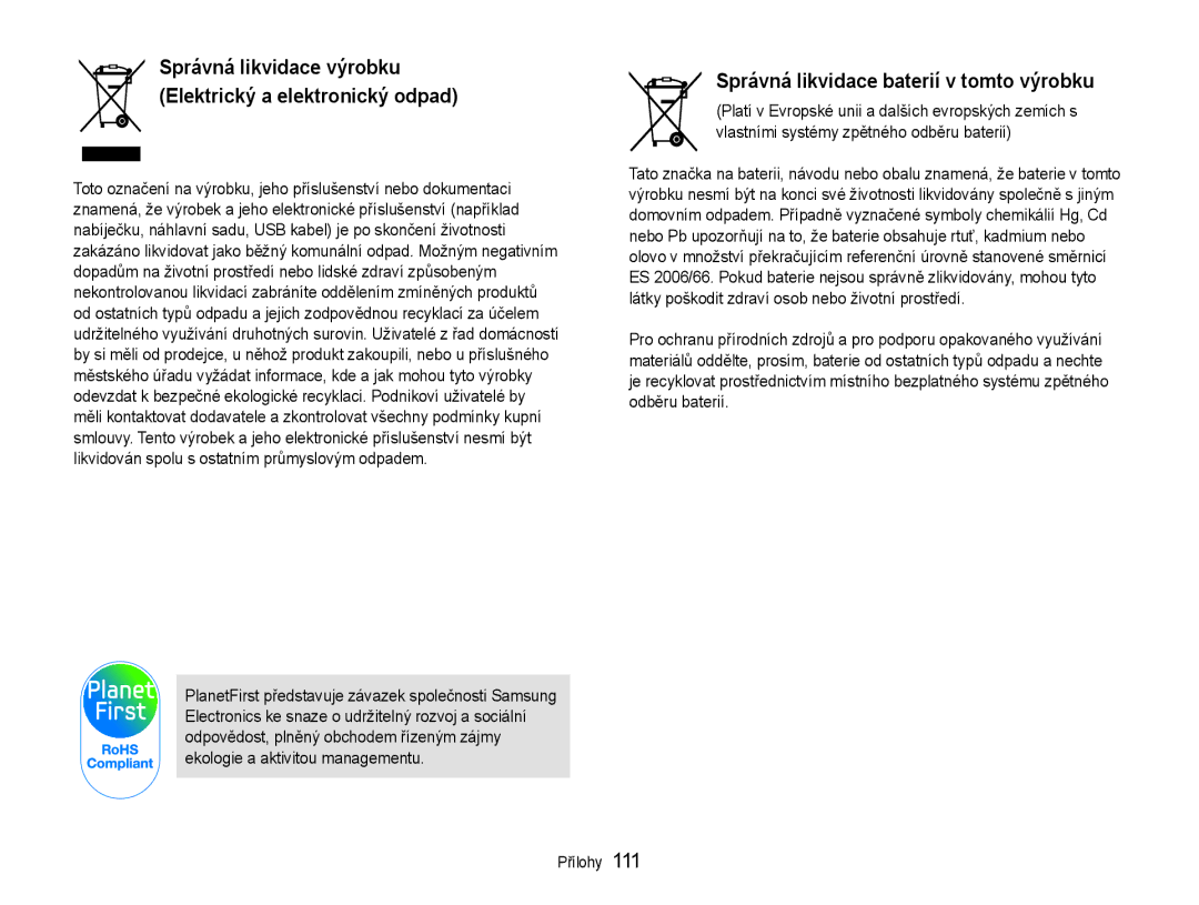 Samsung EC-ST93ZZBPSE3, EC-ST93ZZBPRE3, EC-ST93ZZBPBE3 manual Správná likvidace baterií v tomto výrobku 