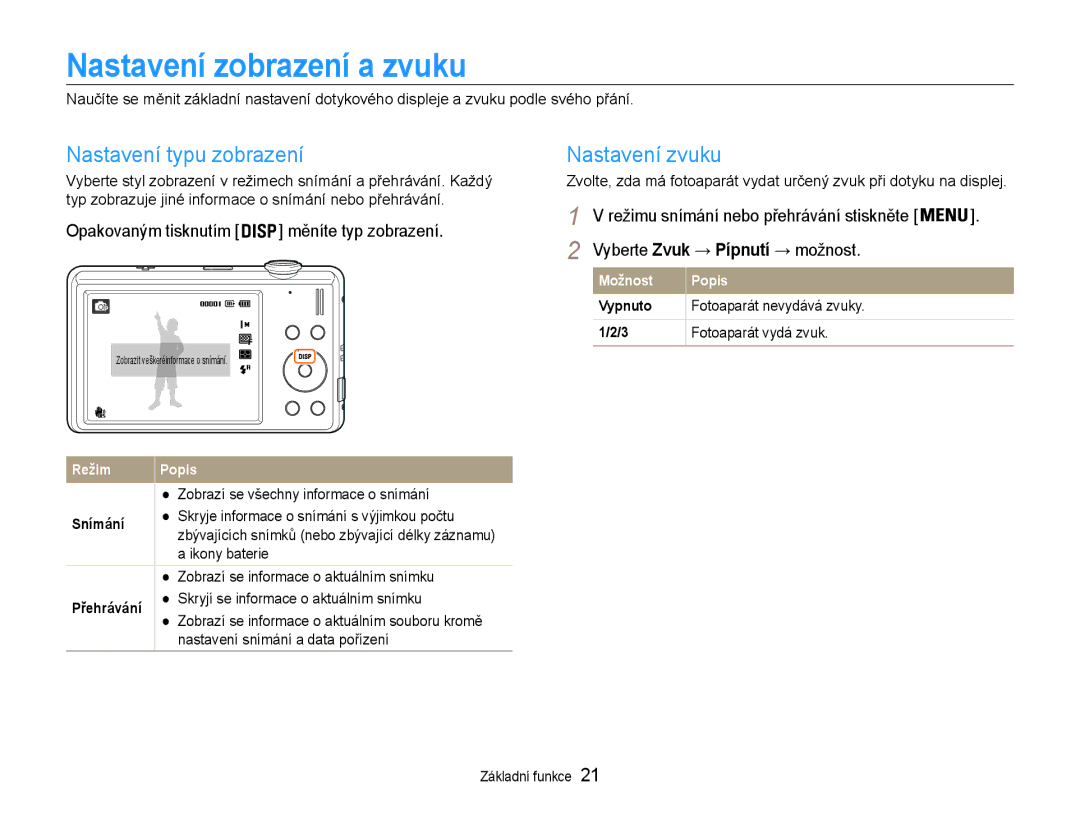 Samsung EC-ST93ZZBPSE3, EC-ST93ZZBPRE3 manual Nastavení zobrazení a zvuku, Nastavení typu zobrazení, Nastavení zvuku 