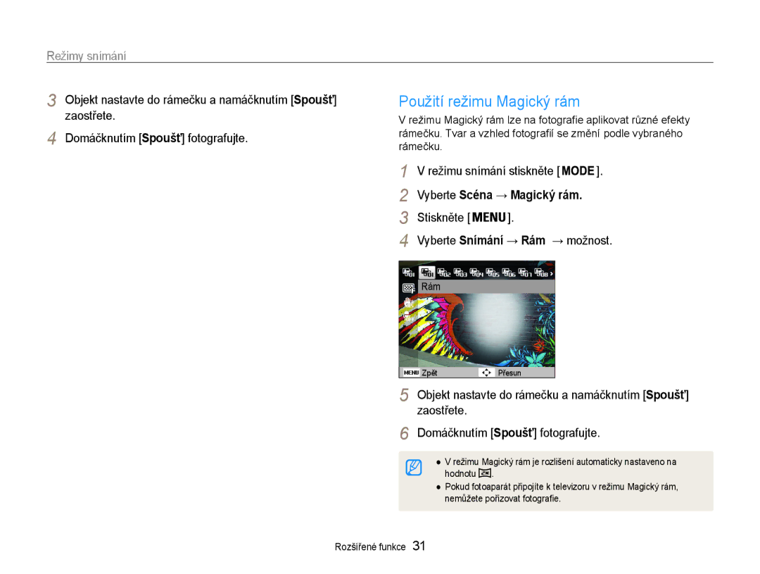 Samsung EC-ST93ZZBPBE3, EC-ST93ZZBPRE3, EC-ST93ZZBPSE3 manual Použití režimu Magický rám, Vyberte Scéna → Magický rám 