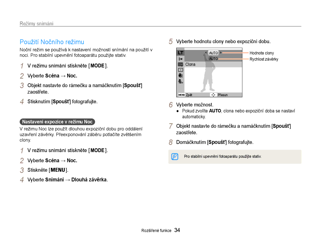 Samsung EC-ST93ZZBPBE3, EC-ST93ZZBPRE3, EC-ST93ZZBPSE3 manual Použití Nočního režimu 