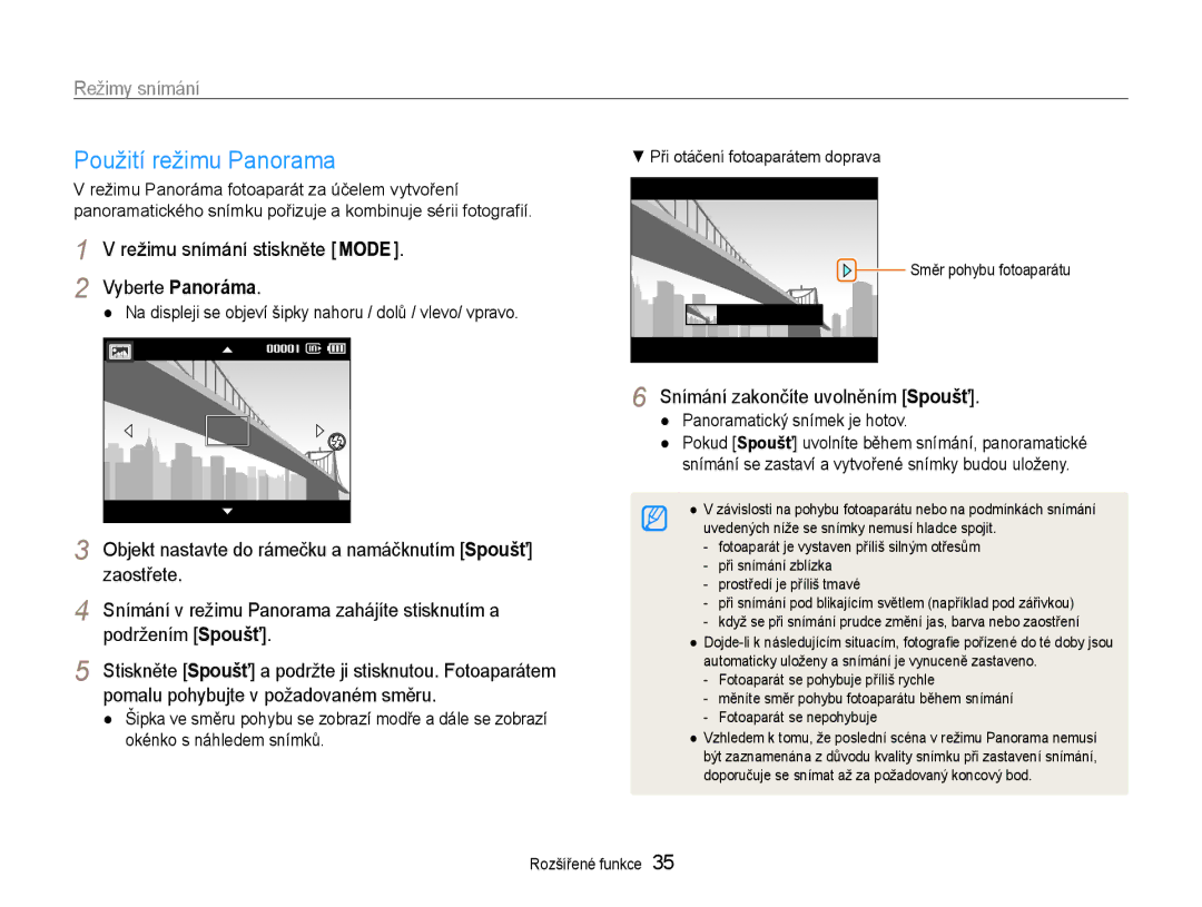 Samsung EC-ST93ZZBPRE3, EC-ST93ZZBPSE3, EC-ST93ZZBPBE3 manual Použití režimu Panorama 