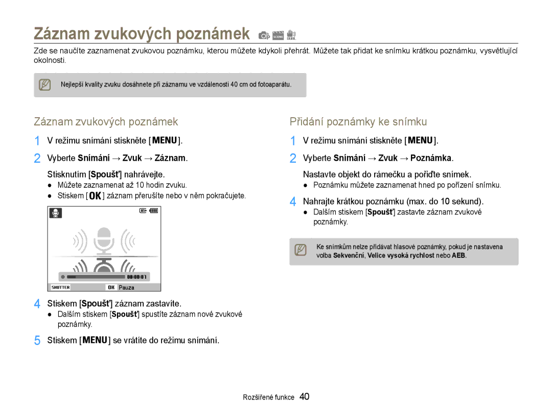 Samsung EC-ST93ZZBPBE3, EC-ST93ZZBPRE3 manual Záznam zvukových poznámek, Nastavte objekt do rámečku a pořiďte snímek 