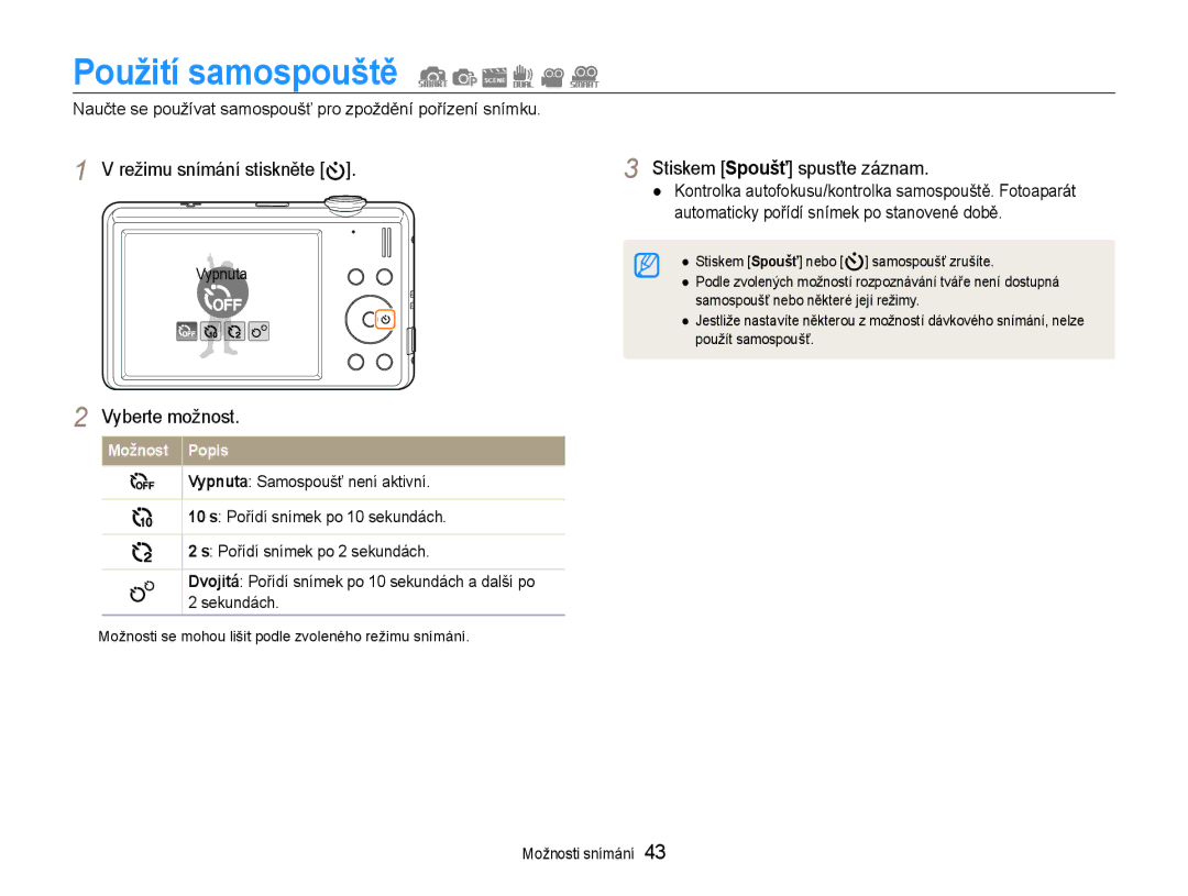 Samsung EC-ST93ZZBPBE3, EC-ST93ZZBPRE3 Použití samospouště, Naučte se používat samospoušť pro zpoždění pořízení snímku 