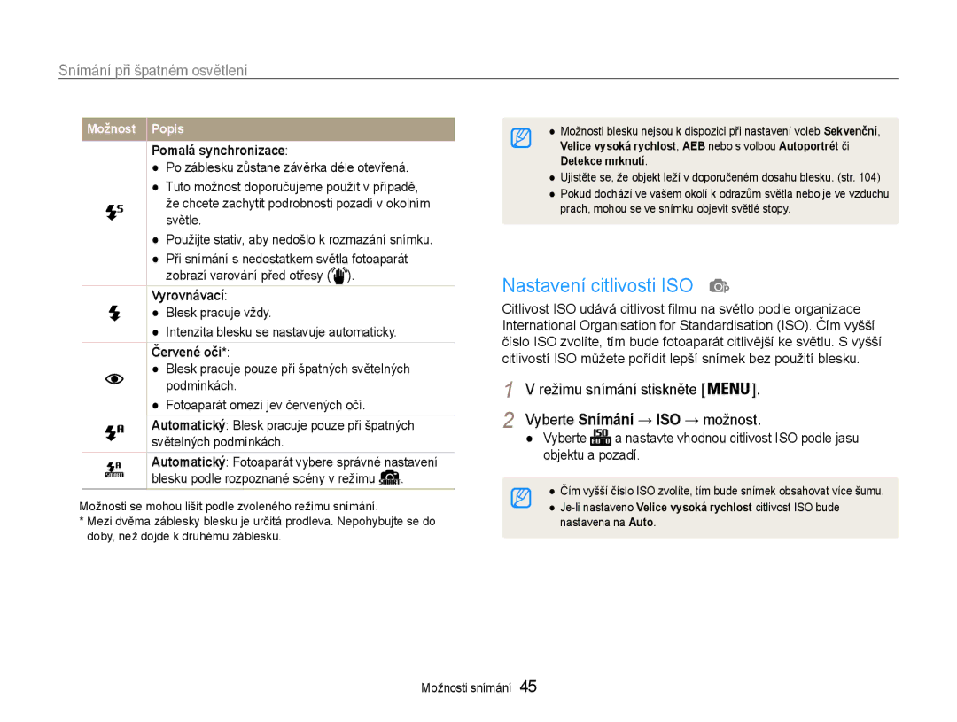 Samsung EC-ST93ZZBPSE3, EC-ST93ZZBPRE3, EC-ST93ZZBPBE3 manual Nastavení citlivosti ISO, Snímání při špatném osvětlení 