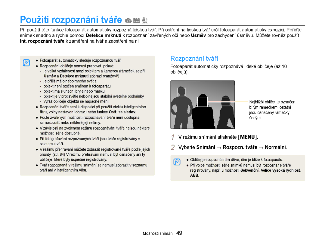 Samsung EC-ST93ZZBPBE3 manual Použití rozpoznání tváře, Rozpoznání tváří, Úsměv a Detekce mrknutí zobrazí oranžově 