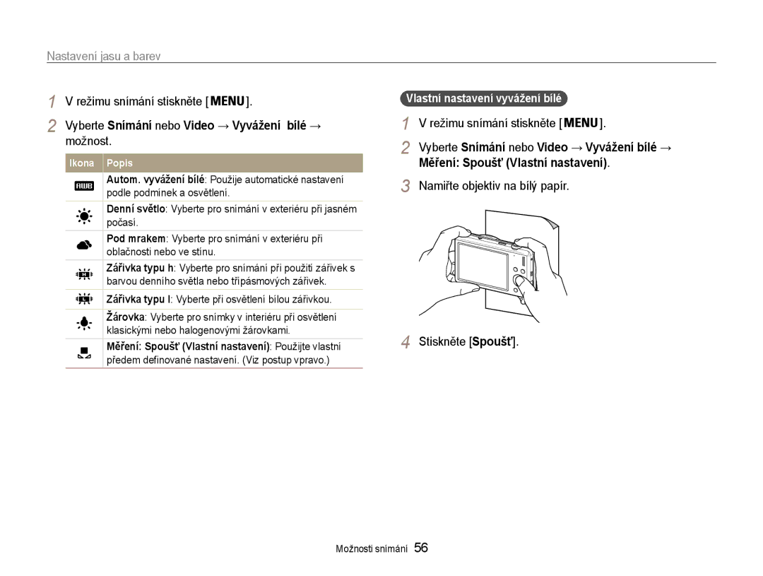 Samsung EC-ST93ZZBPRE3 manual Možnost, Měření Spoušť Vlastní nastavení, Namiřte objektiv na bílý papír Stiskněte Spoušť 