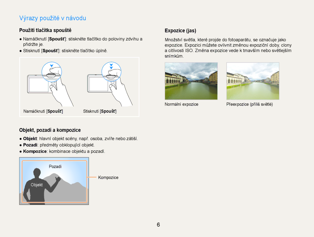 Samsung EC-ST93ZZBPSE3 manual Výrazy použité v návodu, Použití tlačítka spouště, Objekt, pozadí a kompozice, Expozice jas 