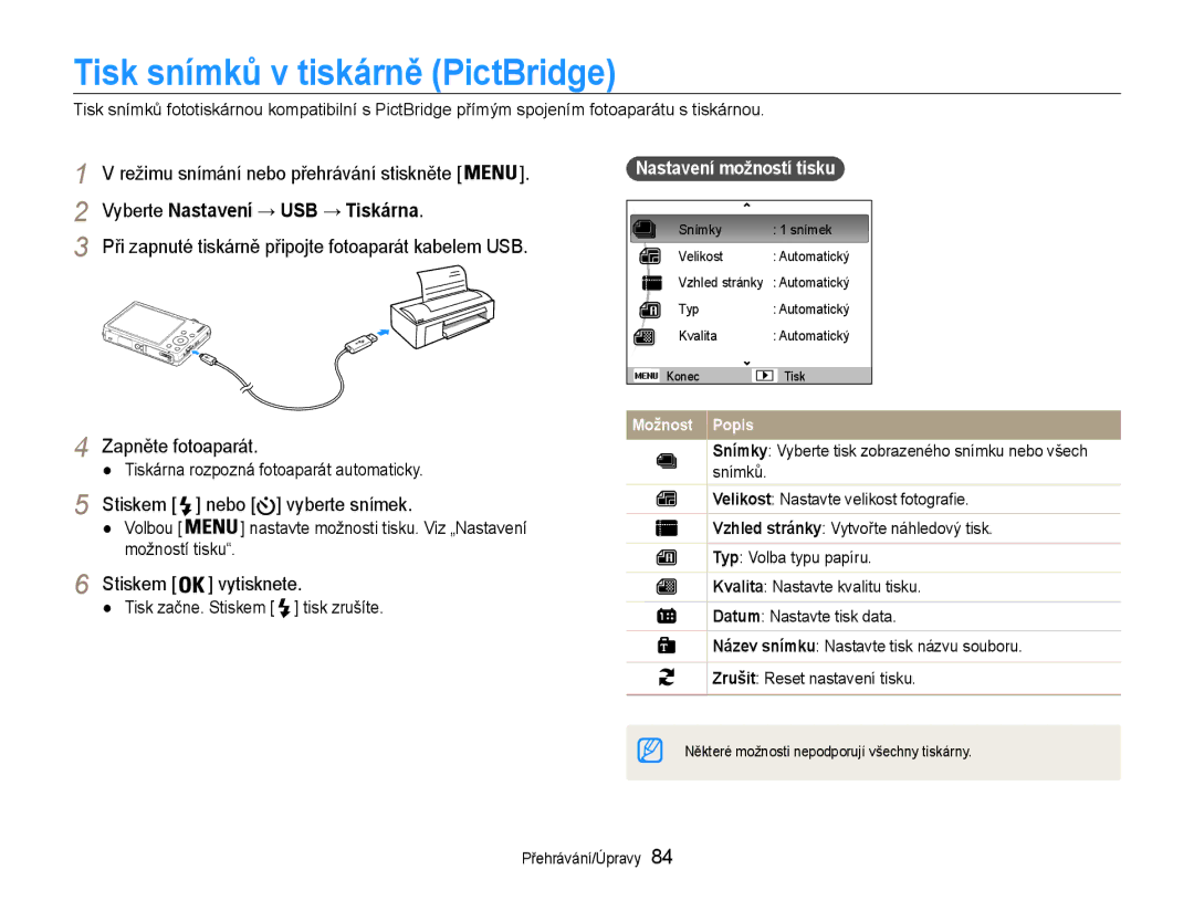 Samsung EC-ST93ZZBPSE3, EC-ST93ZZBPRE3 Tisk snímků v tiskárně PictBridge, Stiskem nebo vyberte snímek, Stiskem vytisknete 