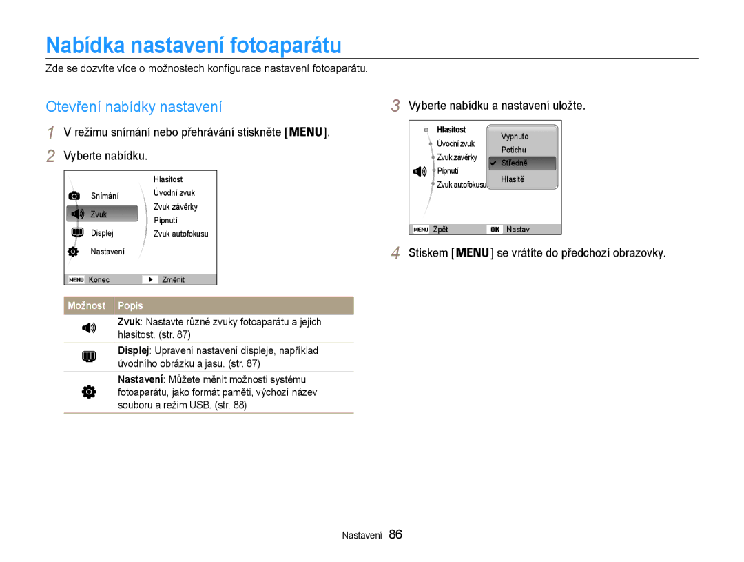 Samsung EC-ST93ZZBPRE3 manual Nabídka nastavení fotoaparátu, Otevření nabídky nastavení, Vyberte nabídku a nastavení uložte 